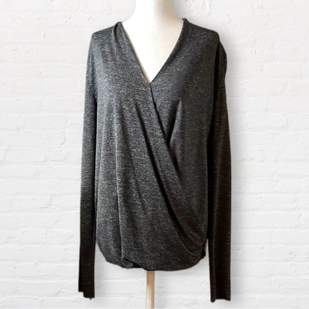 AMERICAN Vintage gray long sleeve crossover top raw hemline at sleeves SZ M
